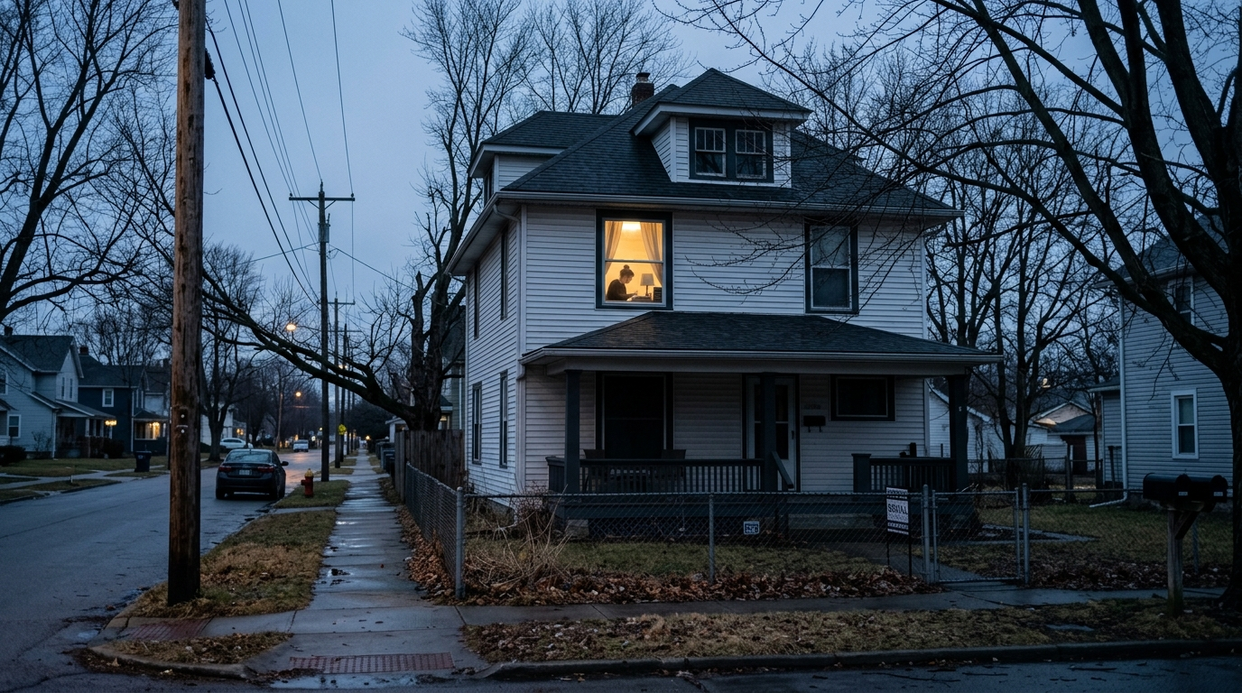 Exterior of a modest two-story rental house on a quiet Ohio street on a partly cloudy afternoon