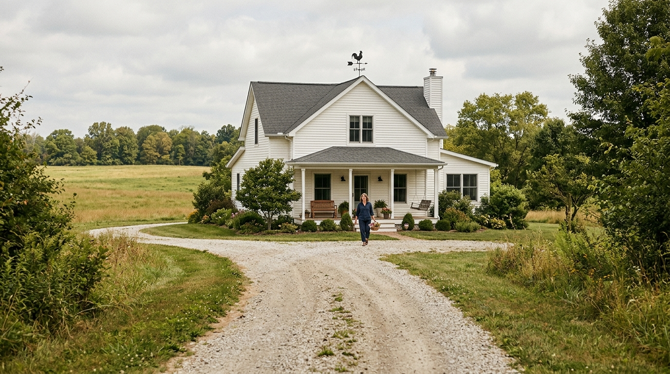 A weathered wood-frame farmhouse on a rural Ohio hillside with overcast skies and a gravel driveway