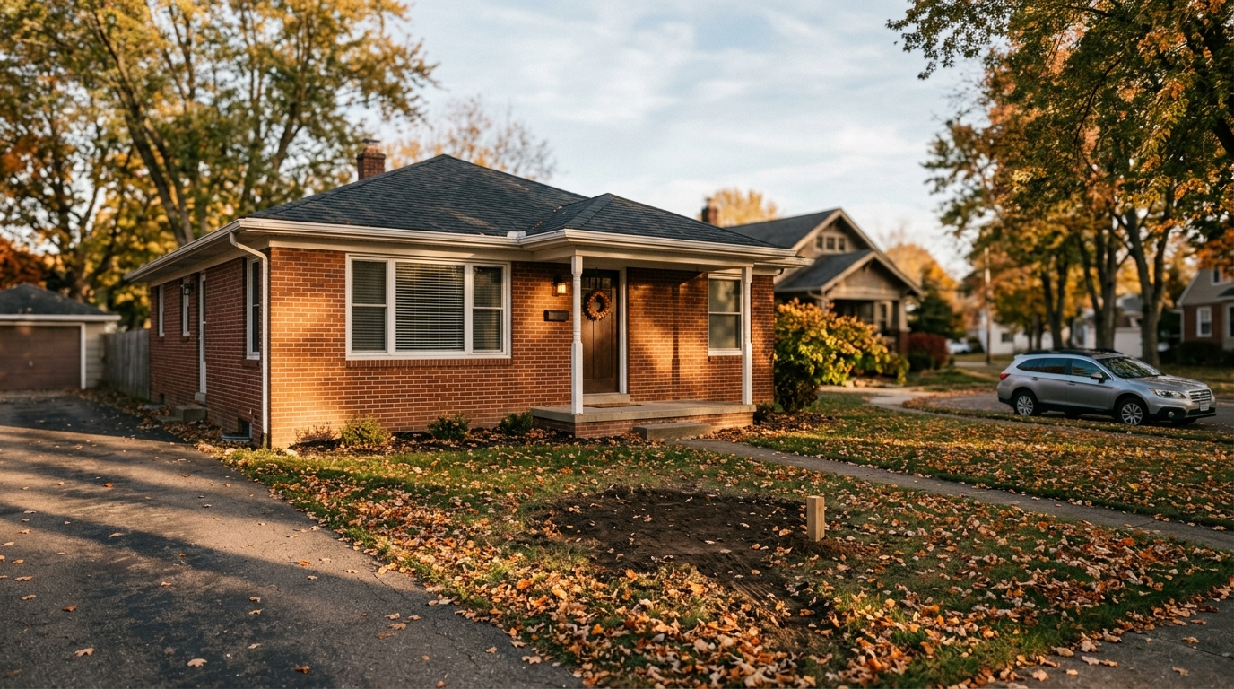 A two-story brick home with a green lawn on a quiet street in Ashland, Ohio on a partly cloudy spring day