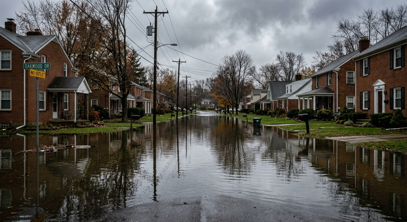 Floodwater surrounding a suburban Ohio home after heavy rain with a river visible in the background