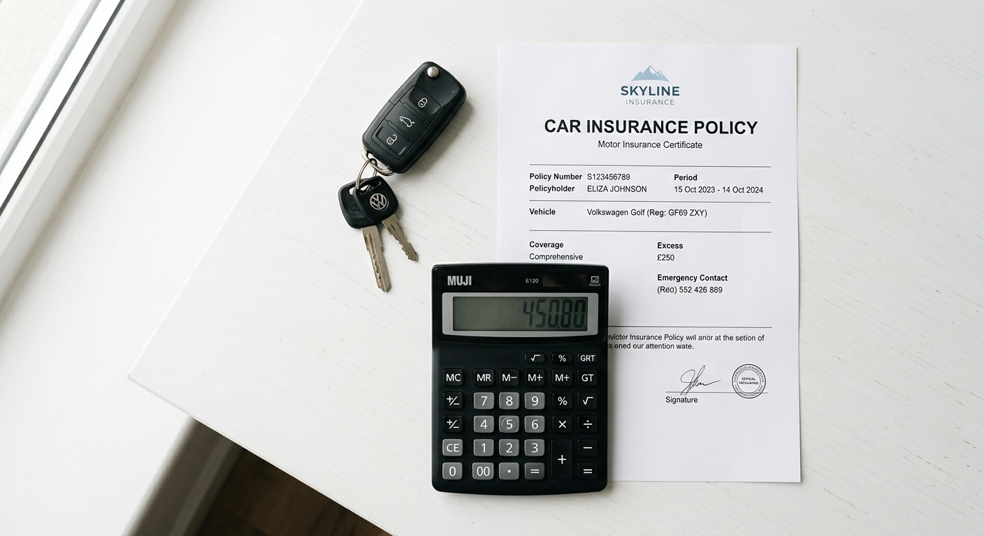 Driver reviewing car insurance documents at a desk with keys and a vehicle visible in the background
