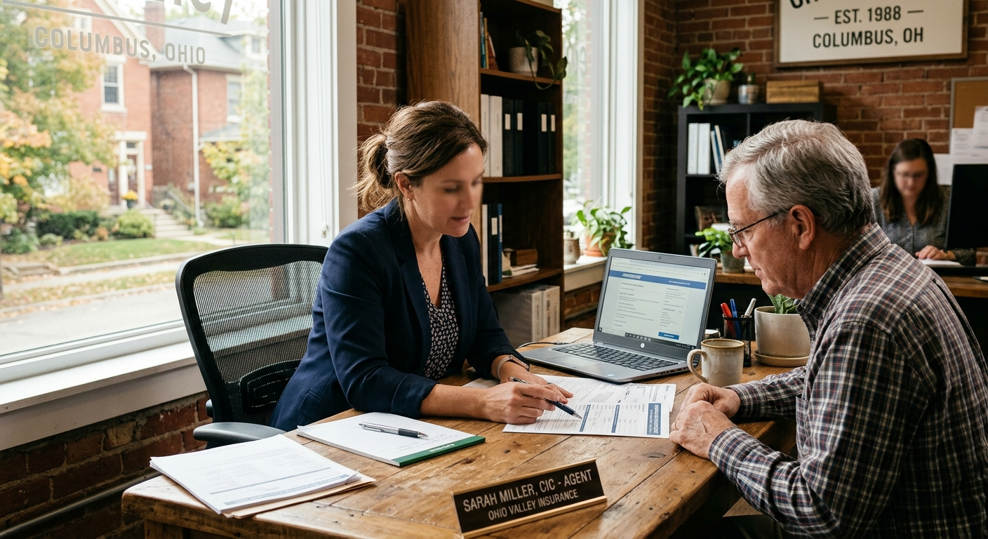 Independent insurance agent reviewing multiple policy options with a client at a desk in a local Ohio office