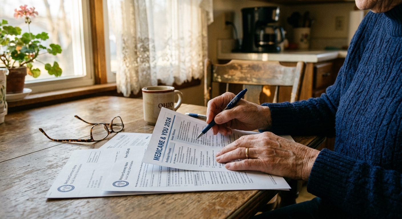 Older Ohio couple reviewing Medicare supplement plan documents at a kitchen table with reading glasses and a cup of coffee