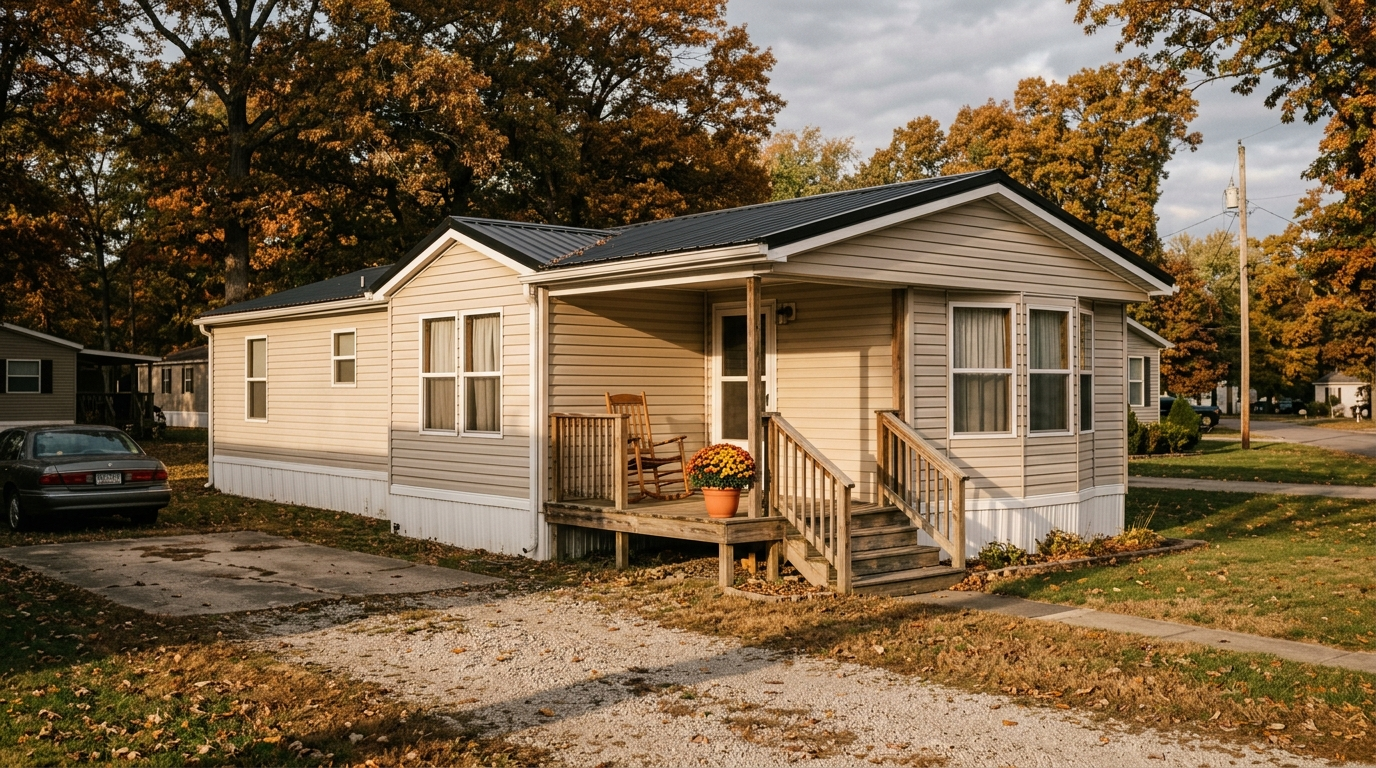 A well-maintained manufactured home on a grassy lot in rural Ohio on a partly cloudy day