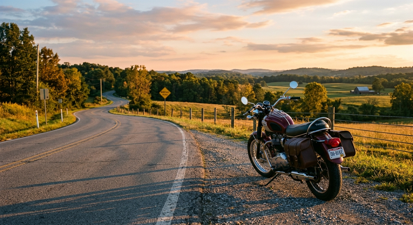 Motorcyclist riding along a scenic Ohio River highway on a clear day, wearing a helmet and jacket