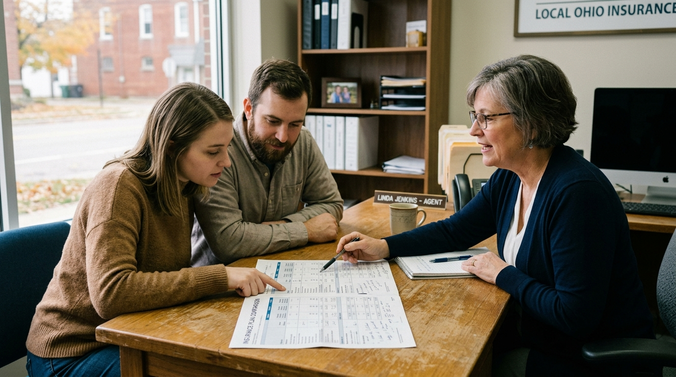 Licensed insurance broker sitting across a desk from a couple reviewing ACA health plan options on a laptop in a local Ohio