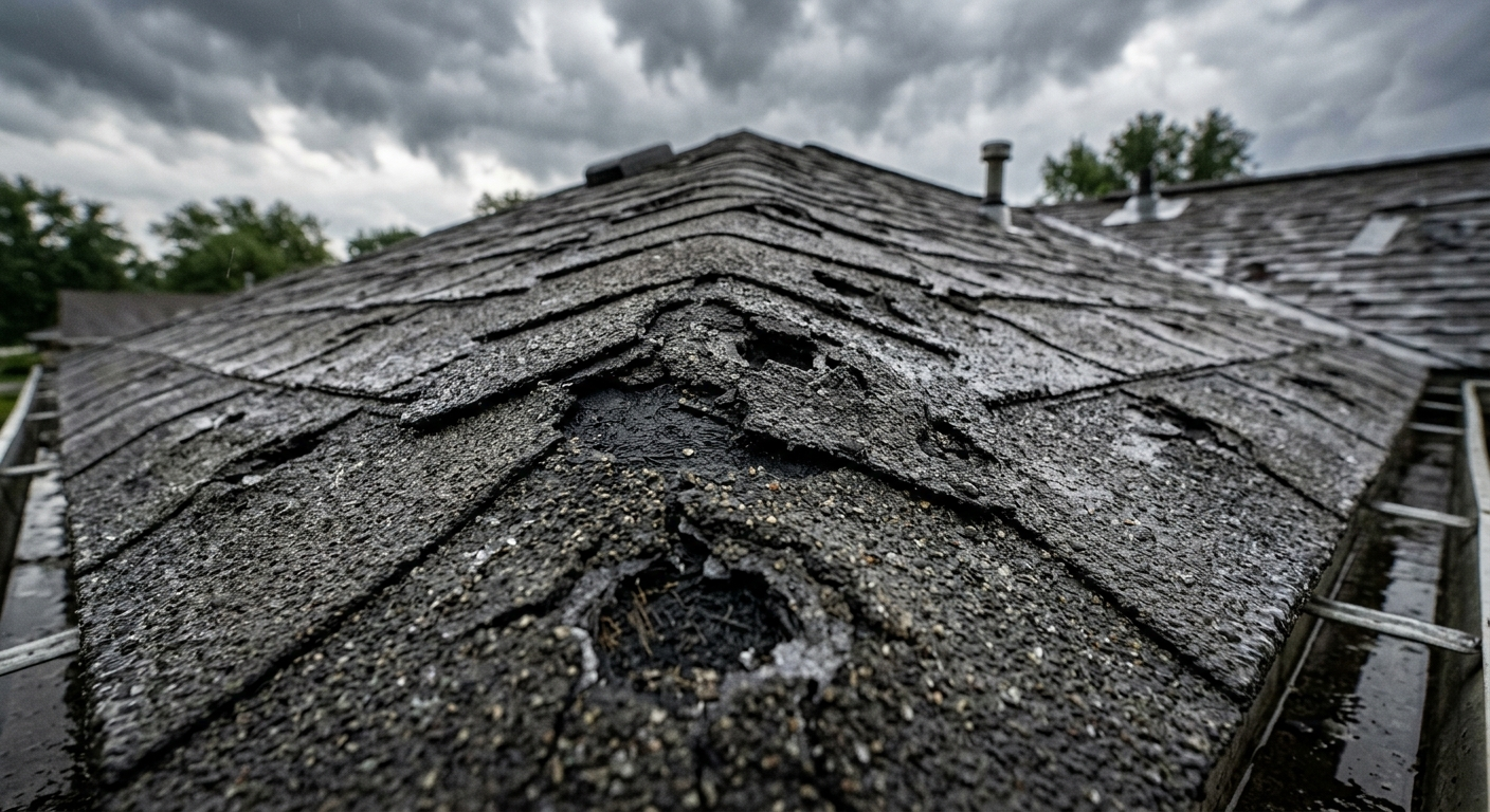 Large hailstones covering a residential roof with visible shingle damage after an Ohio summer storm