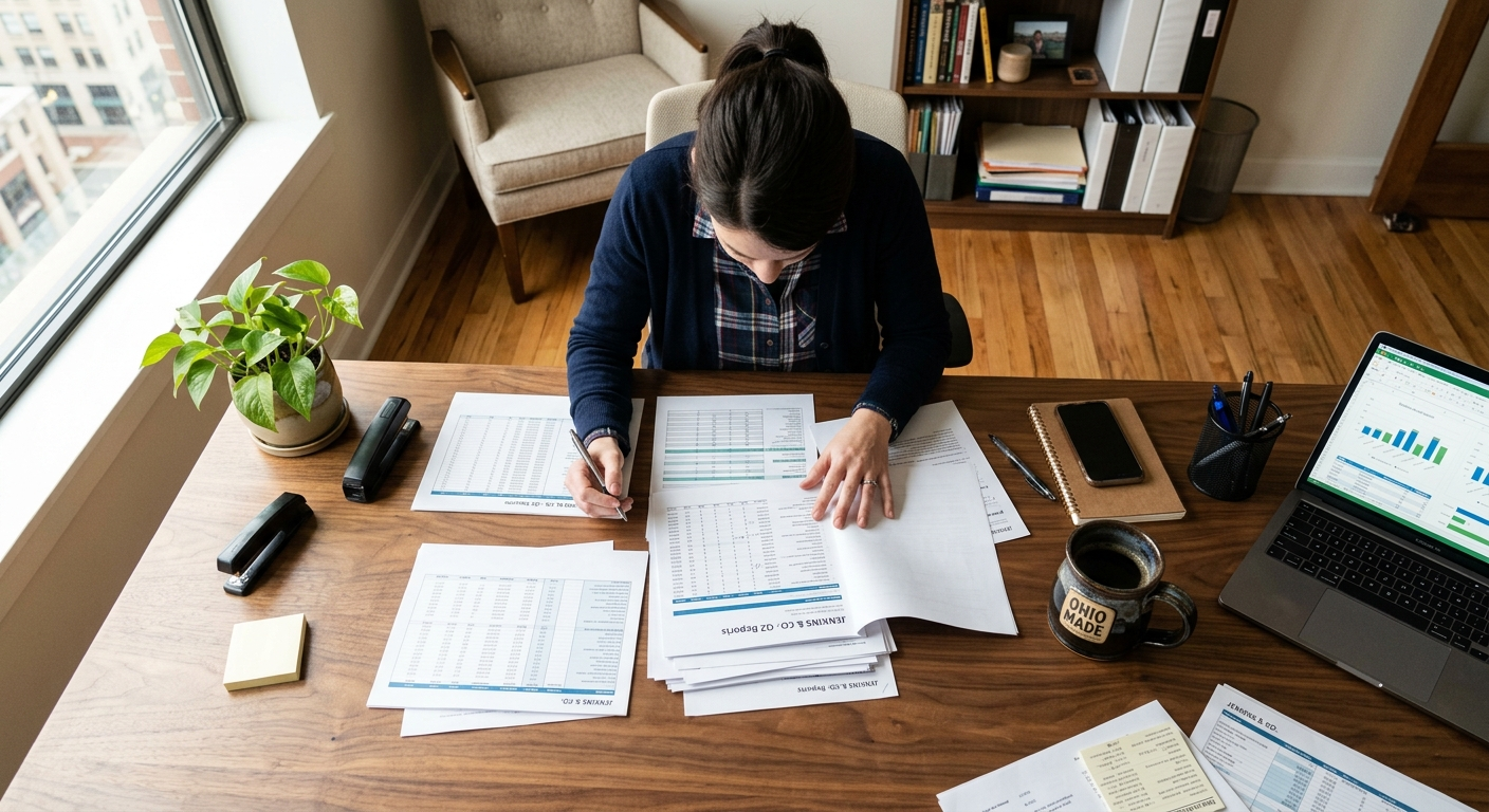 Small business owner reviewing insurance documents at a desk in an Ohio storefront office