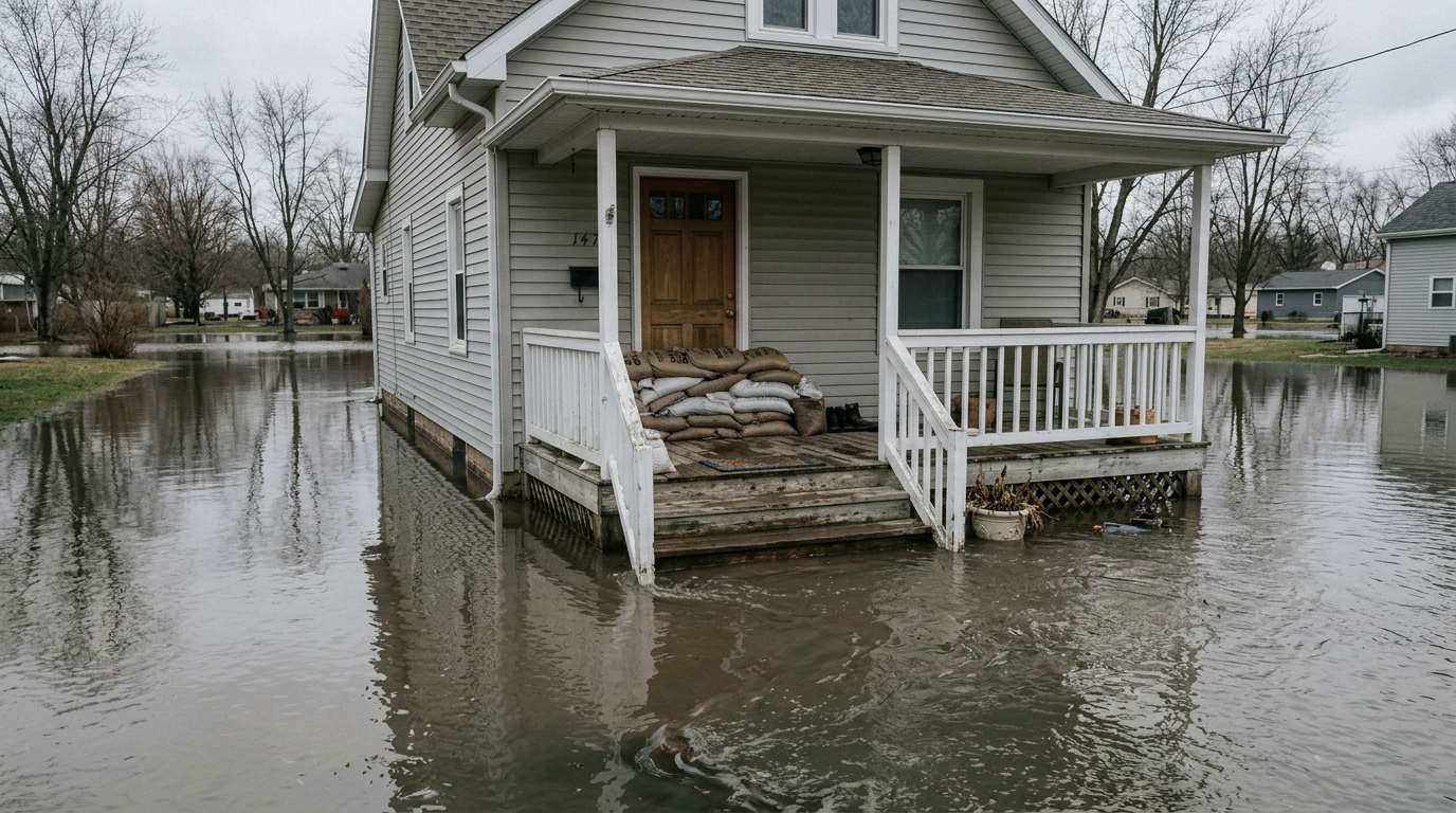 Floodwater rising around a residential home near a river in rural Ohio on an overcast day