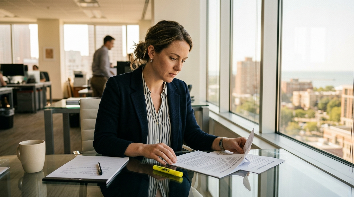 Ohio professional at a desk reviewing documents and a laptop in a modern small business office
