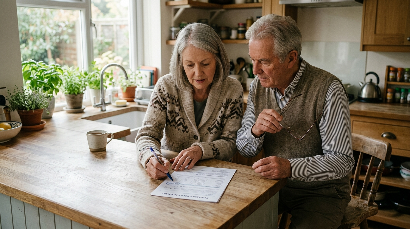 Older couple sitting at a kitchen table reviewing insurance documents together in a cozy Ohio home