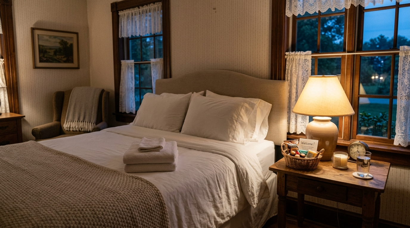 Cozy Ohio vacation rental living room with warm lighting, a wooden coffee table, and large windows overlooking a wooded