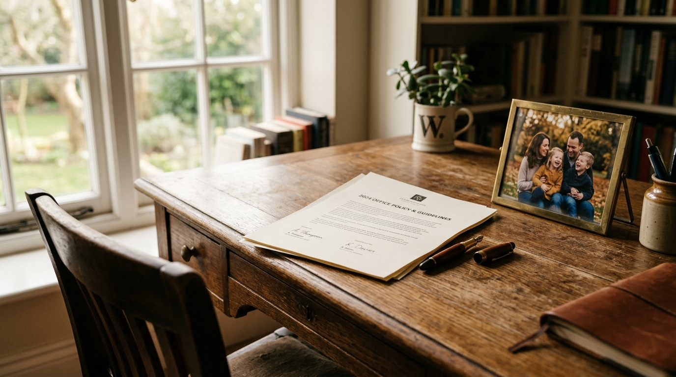 An Ohio family sitting at a kitchen table reviewing life insurance documents with an insurance agent