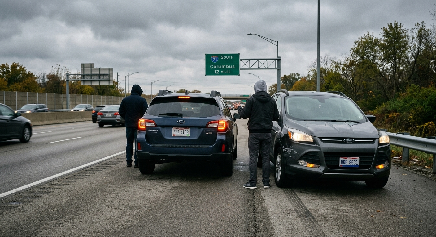 Two cars involved in a fender bender on a rainy Ohio highway, one driver without insurance documents