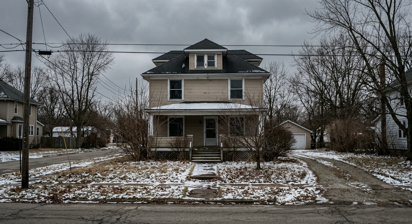 Empty house exterior in Ohio winter with overgrown lawn and no signs of occupancy