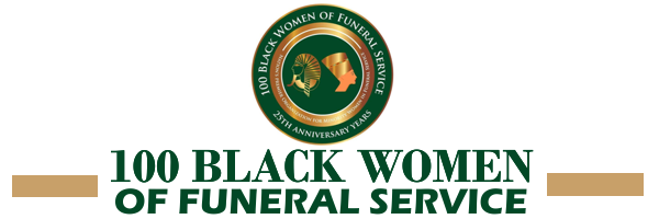 Logo for 100 Black Women of Funeral Service featuring a circular emblem with silhouettes above green text on white.