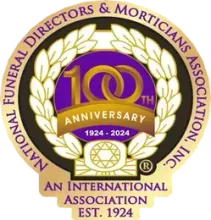 A logo for the National Funeral Directors & Morticians Association, marking its 100th anniversary from 1924 to 2024.