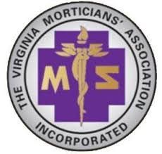 The logo for The Virginia Morticians' Association, featuring a caduceus symbol on a purple cross within a circular border.