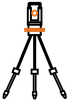 A black and orange icon of a total station on a tripod.