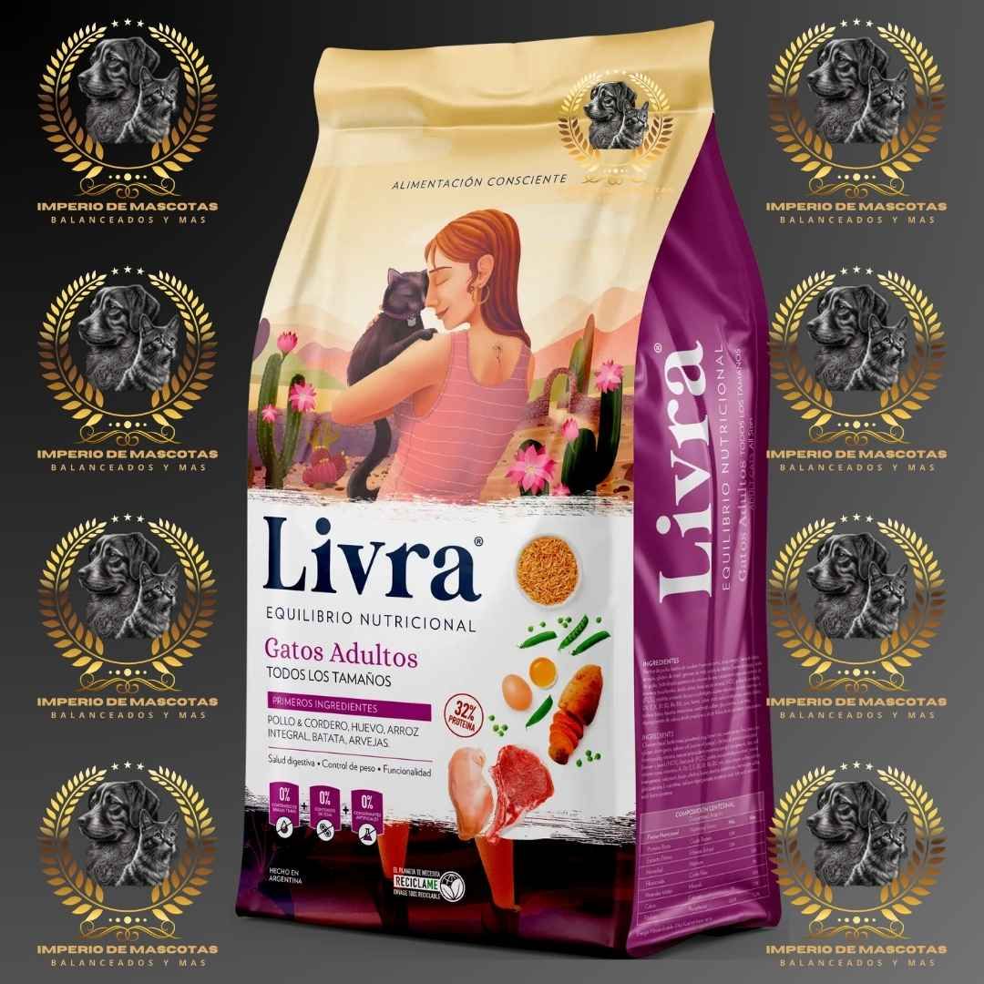 Bolsa de comida para gatos Livra con una mujer y un gato en el frente, en empaque de color morado y crema.