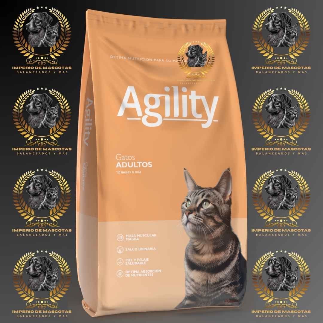 Bolsa de comida para gatos Agility con un gato atigrado y detalles dorados.