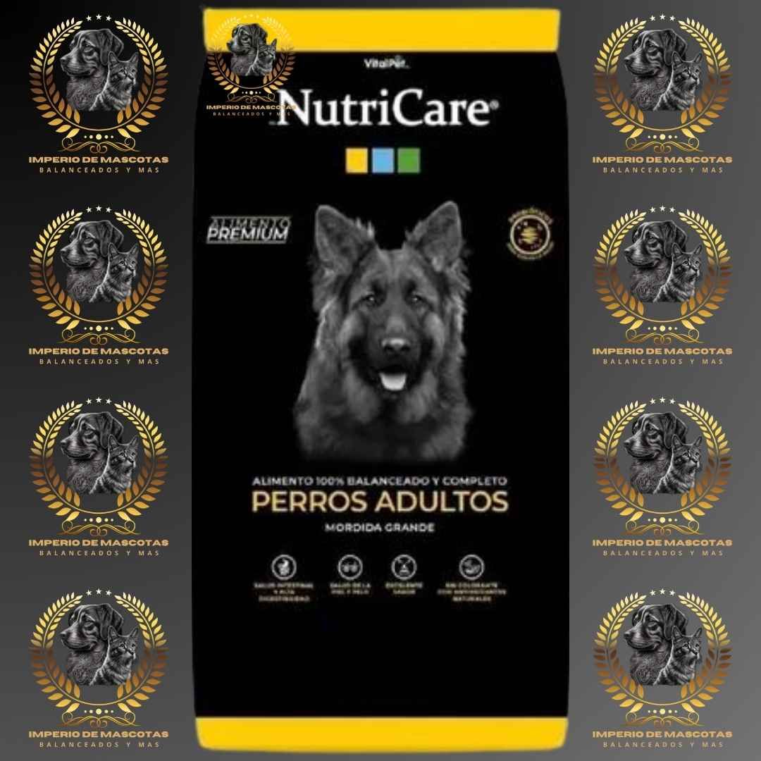Bolsa de comida para perros con imagen de Pastor Alemán, marca “NutriCare”, para perros adultos de razas grandes.