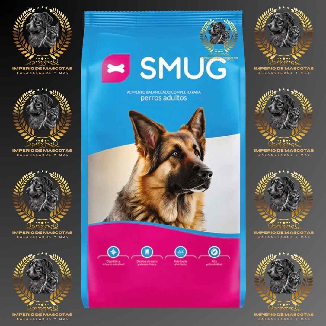 Bolsa de comida para perros Smug, azul y rosa, con un pastor alemán. Rodeada de logotipos dorados.