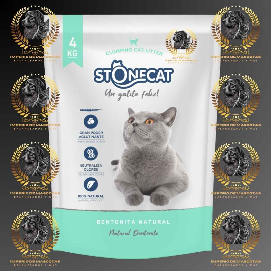 Una bolsa de comida para gatos Stonecat con un gato gris y detalles dorados.