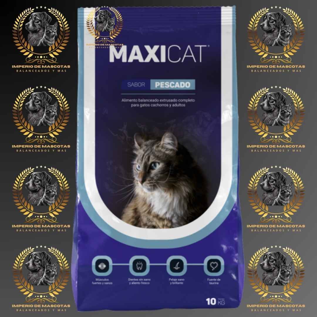 Bolsa de comida seca para gatos MaxiCat con imagen de gato e iconos, embalaje azul.