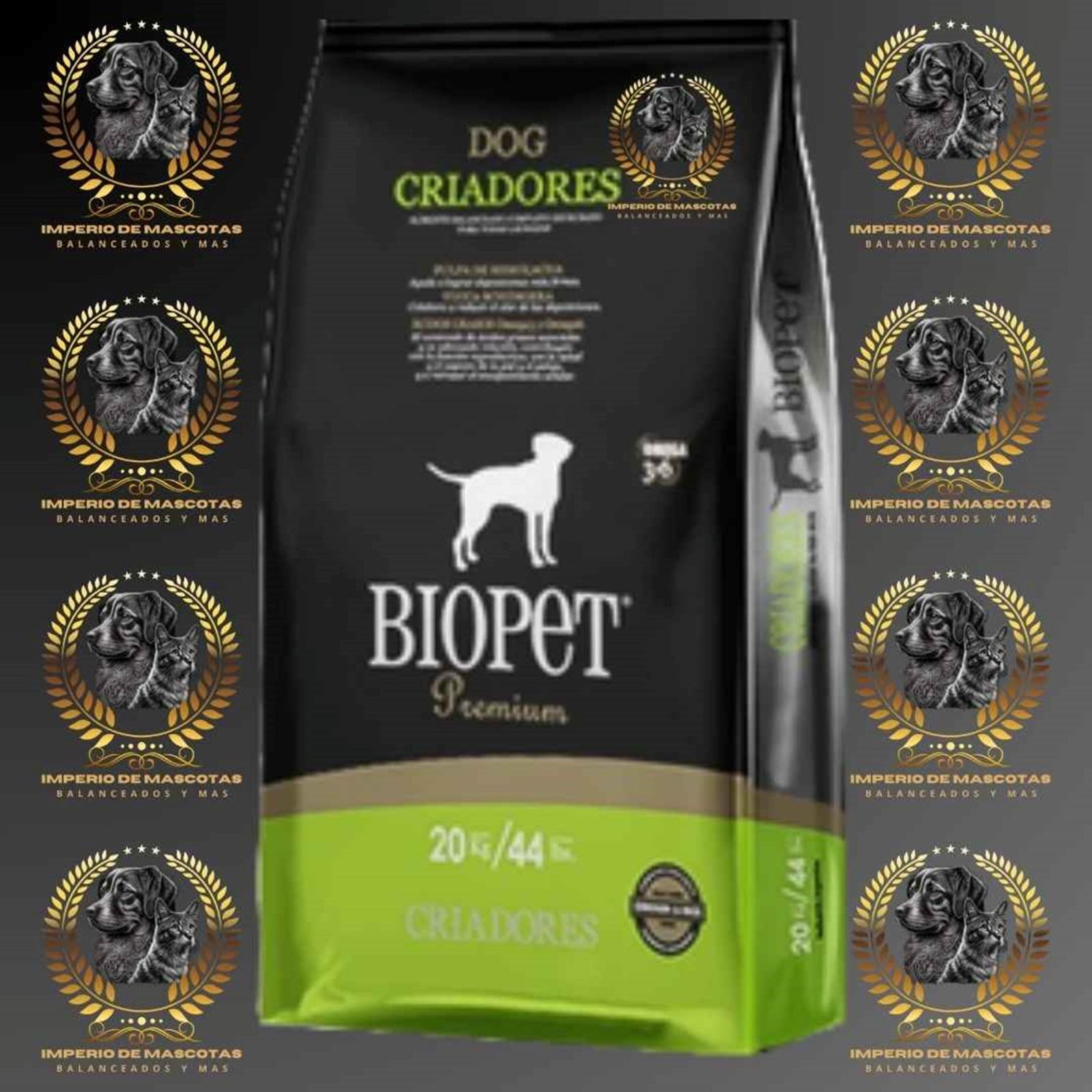 Bolsa de comida para perros Biopet, de color negro y verde, con silueta de perro y coronas de laurel.