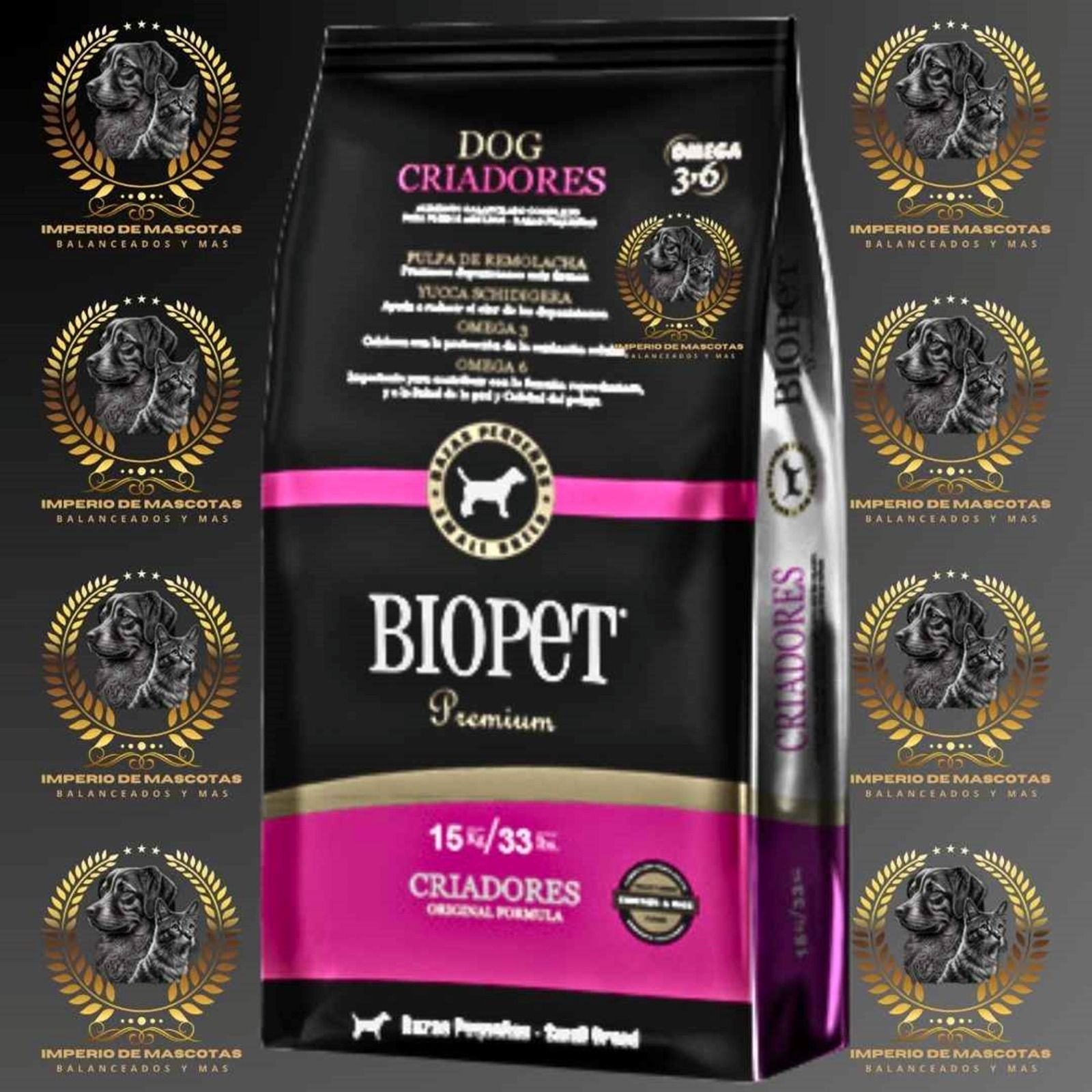 Bolsa de comida para perros de color negro y rosa, marca “BIO PET”, con logotipos, texto e ilustración de un perro.