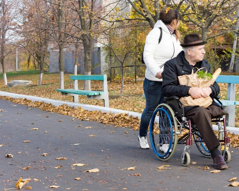 Person in Wheelchair Reading With a Companion on a Park Path in Autumn — Home Nursing Services in Mittagong, NSW