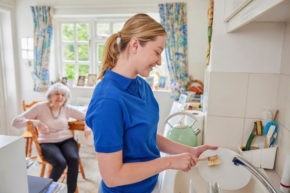 A Woman is Washing Dishes in a Kitchen While an Older Woman Sits at a Table — Home Nursing Services In Port Macquarie, NSW