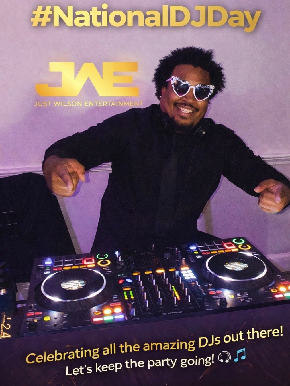 DJ smiling behind a turntable setup with #NationalDJDay text and a celebratory message