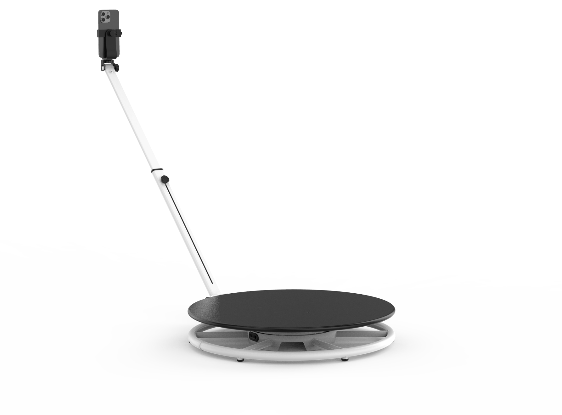 A white photo booth with a screen on a white background