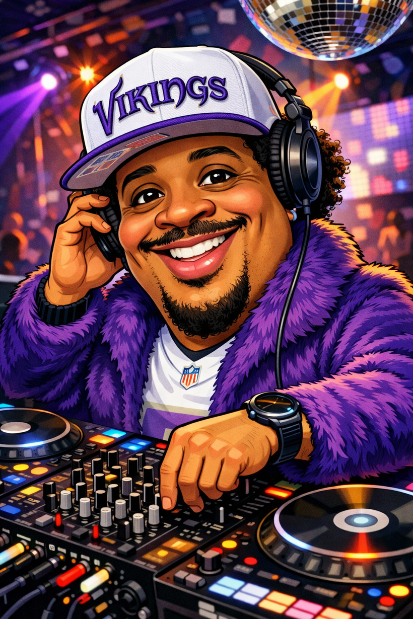 Smiling DJ in purple jacket and Vikings cap at a mixing console under colorful stage lights