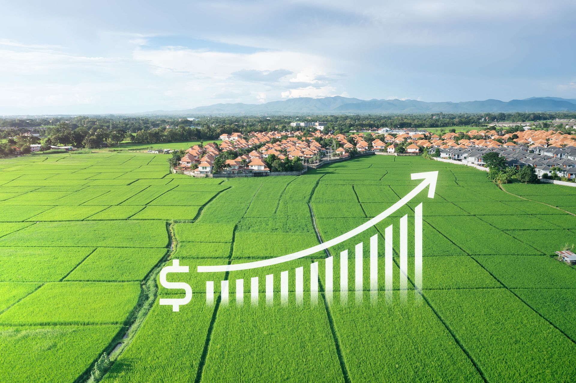 Green fields with houses in the background