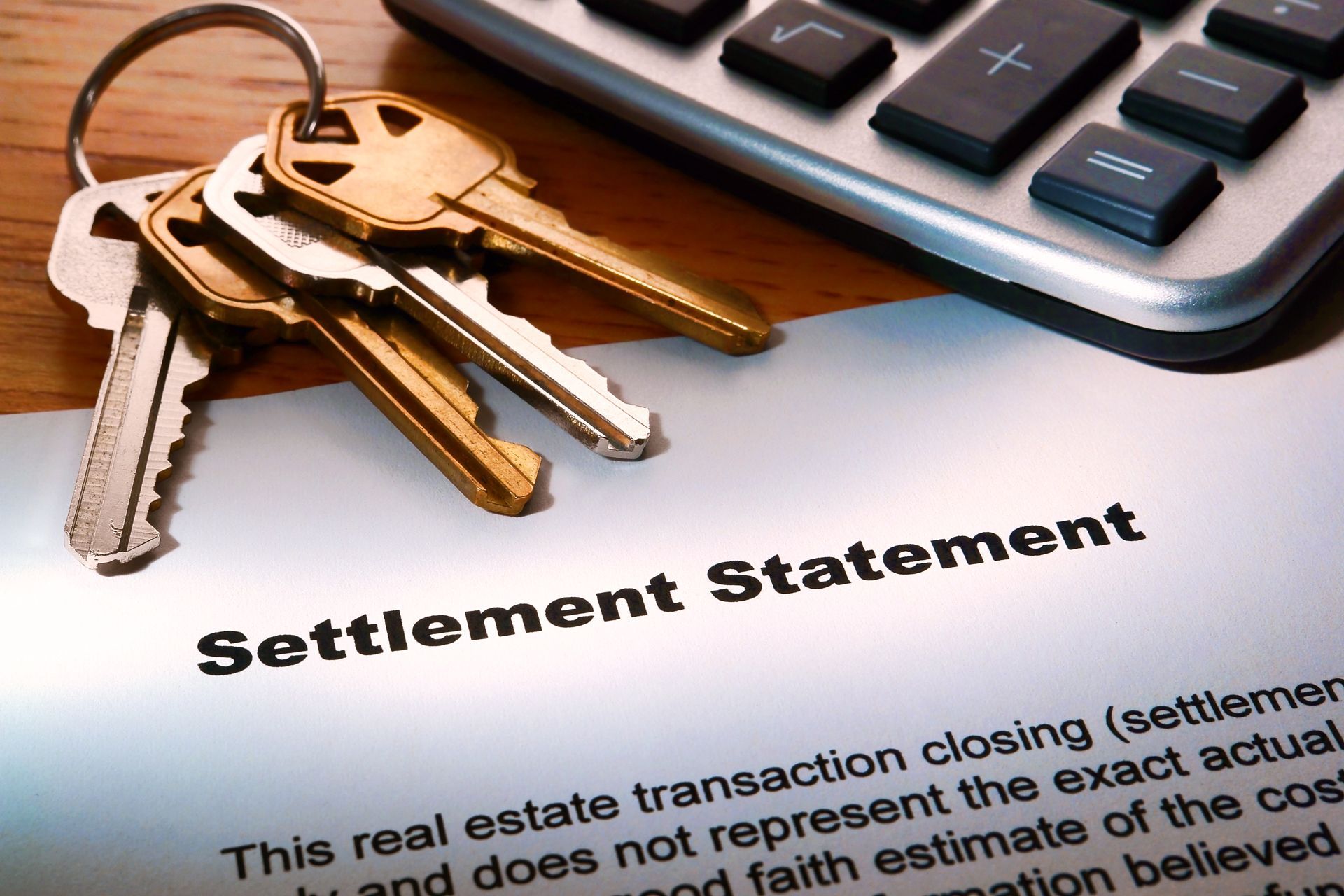 Keys rest on a settlement statement next to a calculator