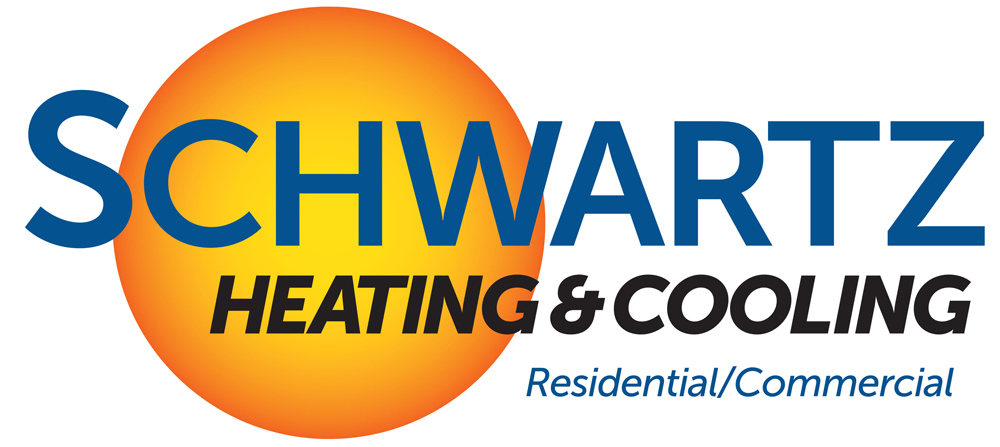 Schwartz Heating & Cooling logo with blue text and an orange sun background, residential/commercial