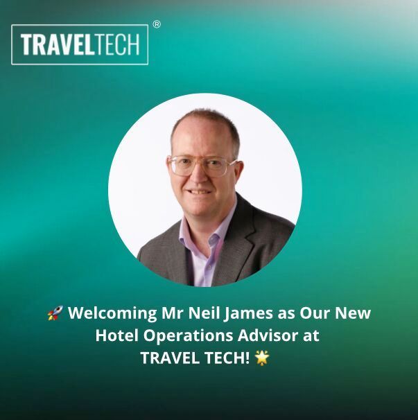 Um homem de terno e óculos aparece em um anúncio de tecnologia de viagens