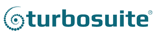 Um logotipo turbosuite azul sobre um fundo branco