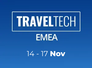Um fundo azul com as palavras traveltech emea