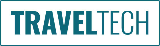 Um logotipo de tecnologia de viagens azul e branco em um fundo branco