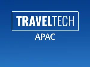 Logotipo da traveltech apac em um fundo azul
