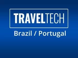 Logotipo da traveltech brasil portugal em um fundo azul