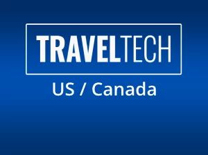 O logotipo da traveltech está em um fundo azul.