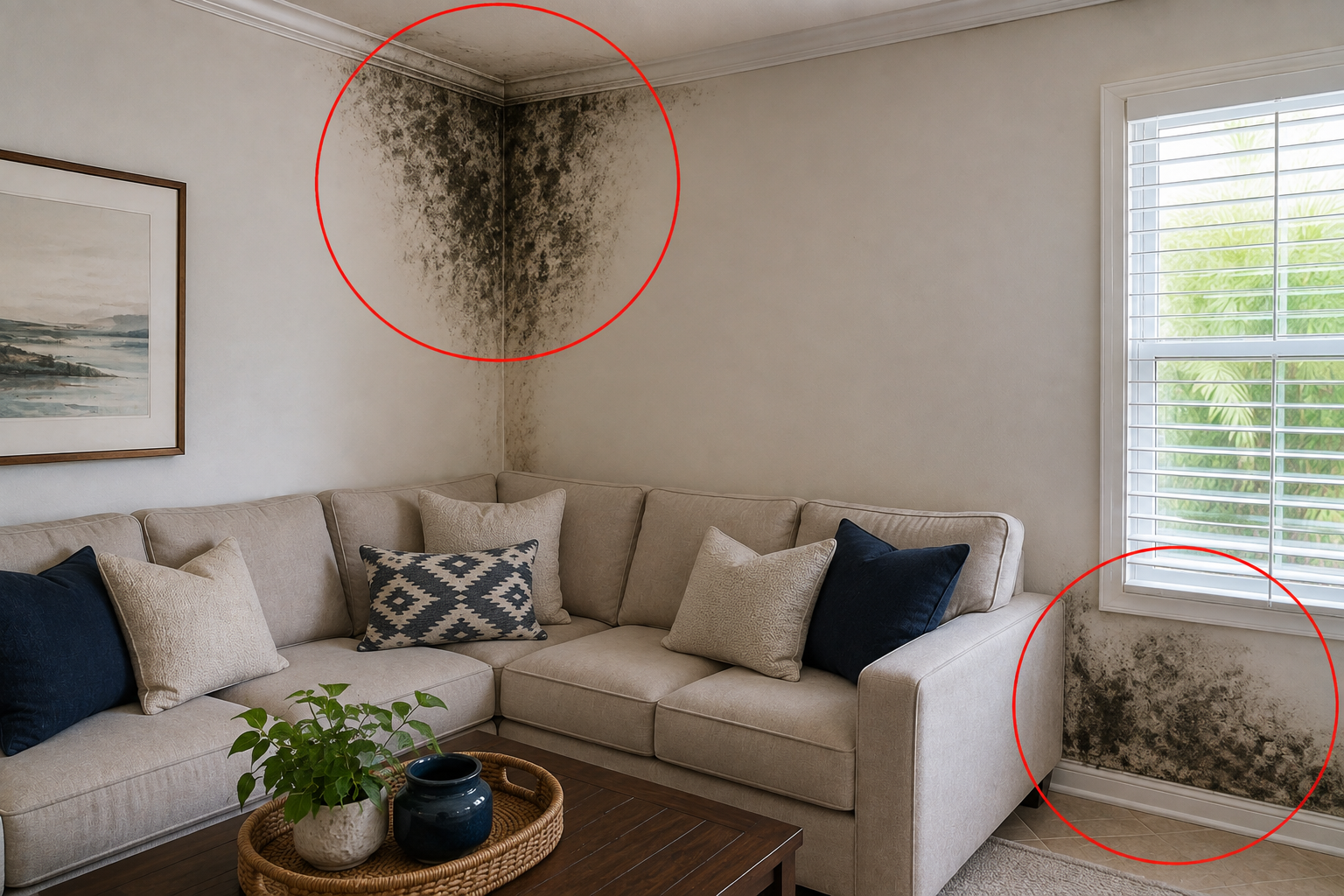 Living room with mold growth circled at a ceiling corner and along the wall below a window