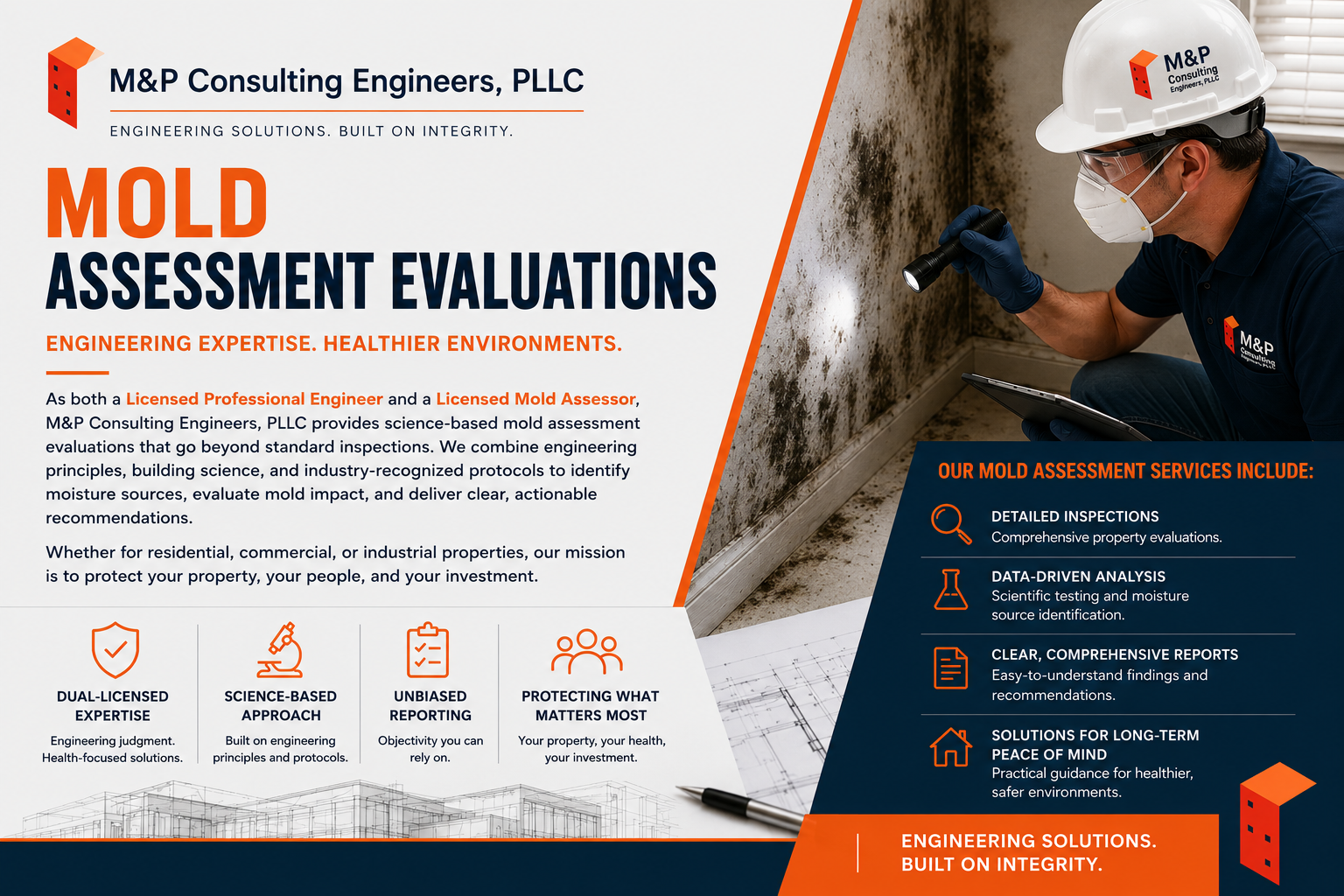 Mold assessment evaluation flyer with worker inspecting a wall, orange and blue design, MAP Consulting Engineers branding