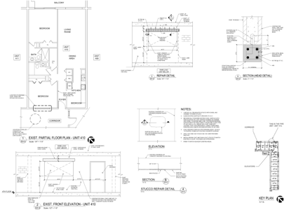 Architectural plan sheet with floor, wall section, and detail drawings with dimensions and notes