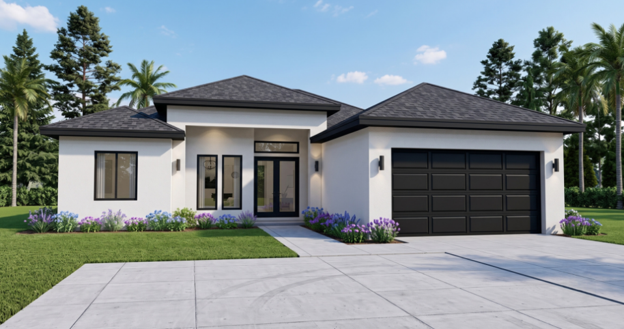Modern single-story white house with dark roof, black garage door, and landscaped front yard